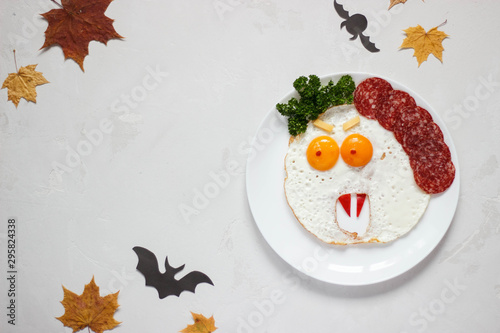Funny Halloween Food Background Eggs Monster Kids Lunch With Eggs Cheese Sausage And Vegetables On A White Table Food Art For Kids Free Space For Text Halloween Holidays Celebrations Concept
