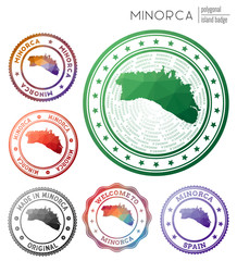 Wall Mural - Minorca badge. Colorful polygonal island symbol. Multicolored geometric Minorca logos set. Vector illustration.