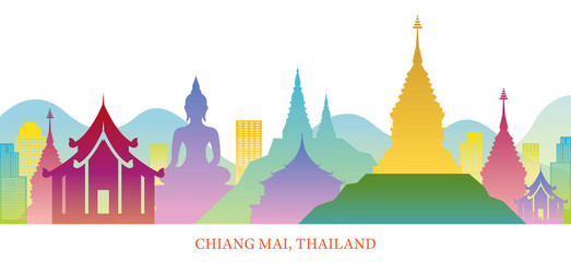 Canvas Print - Chiang Mai, Thailand Skyline Landmarks Colorful Silhouette Background