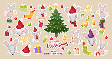 Vector patch badges with Christmas mice and New Year decorations. Stickers collection, Christmas tree, cute rats, gifts, text. Part 2. Flat vector design.