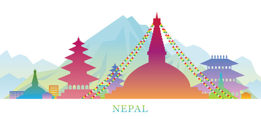 Wall Mural - Nepal Skyline Landmarks Colorful Silhouette Background