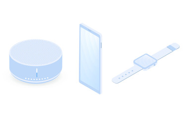 Poster - Smart technology wireless gadgets concept. Modern iot voice assistant speaker, Smart watch and smartphone closeup vector isometric composition on white background