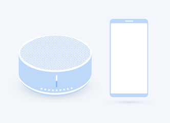 Poster - Smart technology wireless modern voice assistant speaker and smartphone. Closeup vector iot gadgets concept, isometric style composition isolated on white background