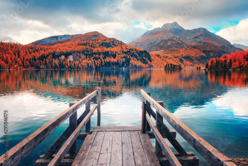 Naklejka dekoracyjna Wooden pier on autumn lake Sils (Silsersee) in Swiss Alps. Snowy mountains and orange trees on background. Switzerland, Maloja region, Upper Engadine. Landscape photography