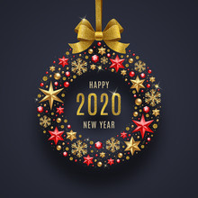 New Year 2020 Greeting Illustration. Abstract Holidays Bauble Made From Stars, Ruby Gems Golden Snowflakes, Beads And Glitter Gold Bow Ribbon.