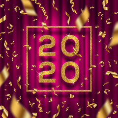 Wall Mural - New year 2020 vector illustration. Glitter gold numbers of a year with frame and golden foil confetti on a red curtain background.