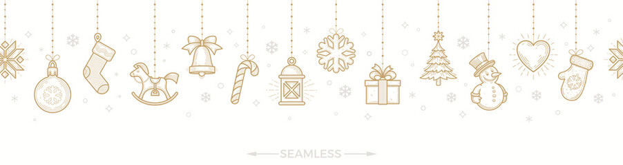christmas greeting design. horizontal seamless pattern with holiday signs and symbols hanging on whi