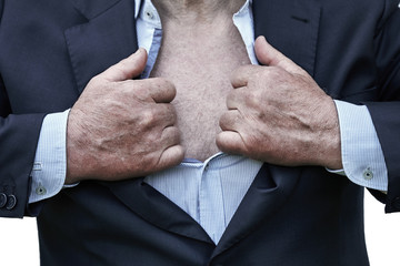 Wall Mural - Old man tearing a shirt and a suit on his chest showing hairy bare body. Concept of an anger and a despair because of the dismissal of old age