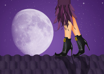 Wall Mural - illustration of sexy witch on the roof