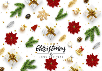 Wall Mural - Christmas Background. Xmas objects viewed from above. Text Merry Christmas and happy New Year. Festive realistic decorative design elements. Horizontal poster, website header, flat top view.