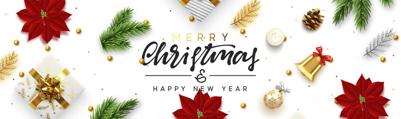 Wall Mural - Christmas banner. Background Xmas objects viewed from above, realistic decorative design elements. Text Merry Christmas and happy New Year. Horizontal poster, website header, flat top view.