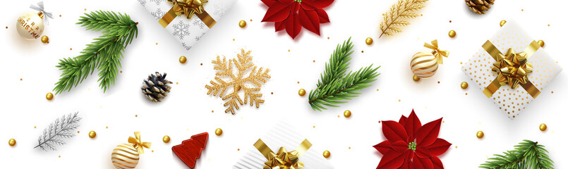 Wall Mural - Christmas banner. Background Xmas objects viewed from above, realistic decorative design elements. Merry Christmas and happy New Year. Horizontal poster, website header, flat top view.
