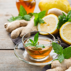 Wall Mural - Ginger tea with lemon, mint and honey for flu cold