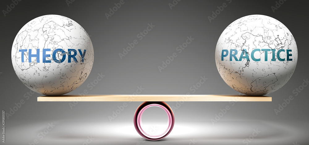 Theory and practice in balance - pictured as balanced balls on scale that symbolize harmony and equity between Theory and practice that is good and beneficial., 3d illustration - obrazy, fototapety, plakaty 