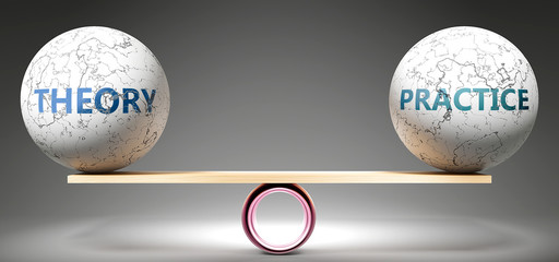 theory and practice in balance - pictured as balanced balls on scale that symbolize harmony and equi