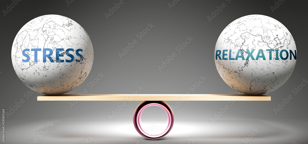 Stress and relaxation in balance - pictured as balanced balls on scale that symbolize harmony and equity between Stress and relaxation that is good and beneficial., 3d illustration - obrazy, fototapety, plakaty 