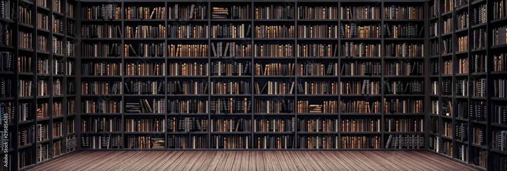 Bookshelves in the library with old books 3d render 3d illustration - obrazy, fototapety, plakaty 