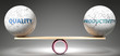 Quality and productivity in balance - pictured as balanced balls on scale that symbolize harmony and equity between Quality and productivity that is good and beneficial., 3d illustration