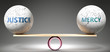 Justice and mercy in balance - pictured as balanced balls on scale that symbolize harmony and equity between Justice and mercy that is good and beneficial., 3d illustration