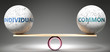 Individual and common in balance - pictured as balanced balls on scale that symbolize harmony and equity between Individual and common that is good and beneficial., 3d illustration