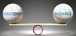 Confident and humble in balance - pictured as balanced balls on scale that symbolize harmony and equity between Confident and humble that is good and beneficial., 3d illustration