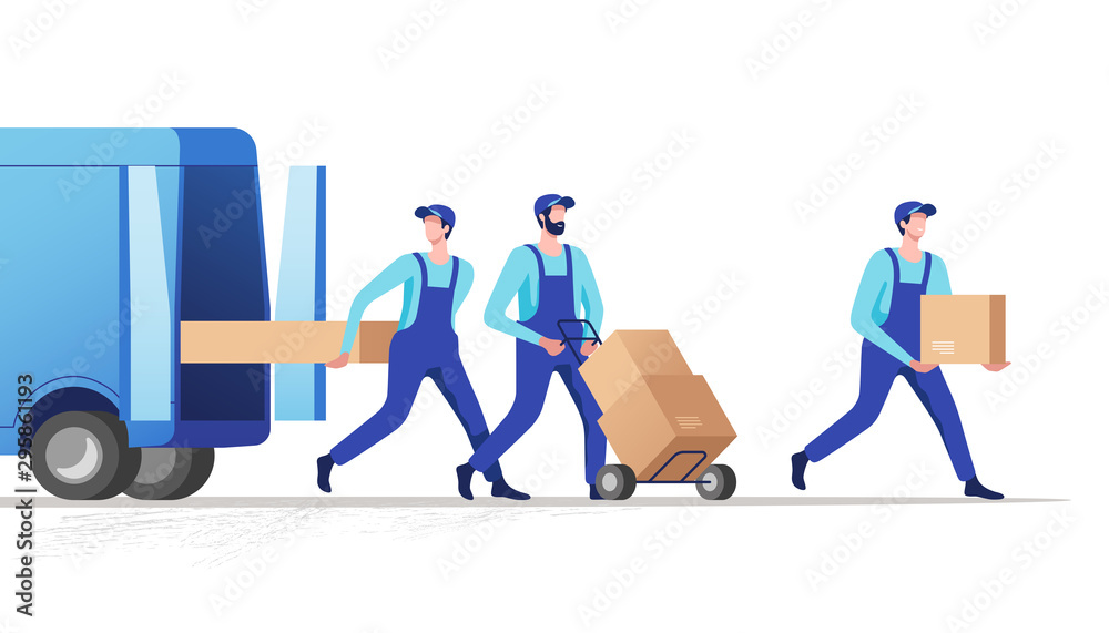 Delivery service and logistics. Movers unloading cardboard boxes from van. Vector illustration. - obrazy, fototapety, plakaty 