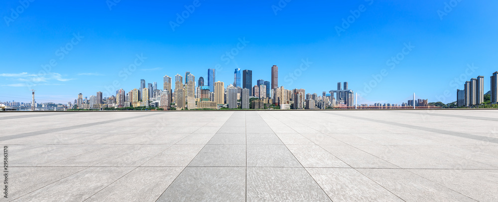 Empty floor and modern city financial district skyline in Chongqing,China. - obrazy, fototapety, plakaty 