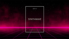 Synthwave Pink Cyber Laser Grid With Glowing Fog And Horizon On Starry Space Background. Design For Poster, Cover, Wallpaper, Web, Banner, Etc.