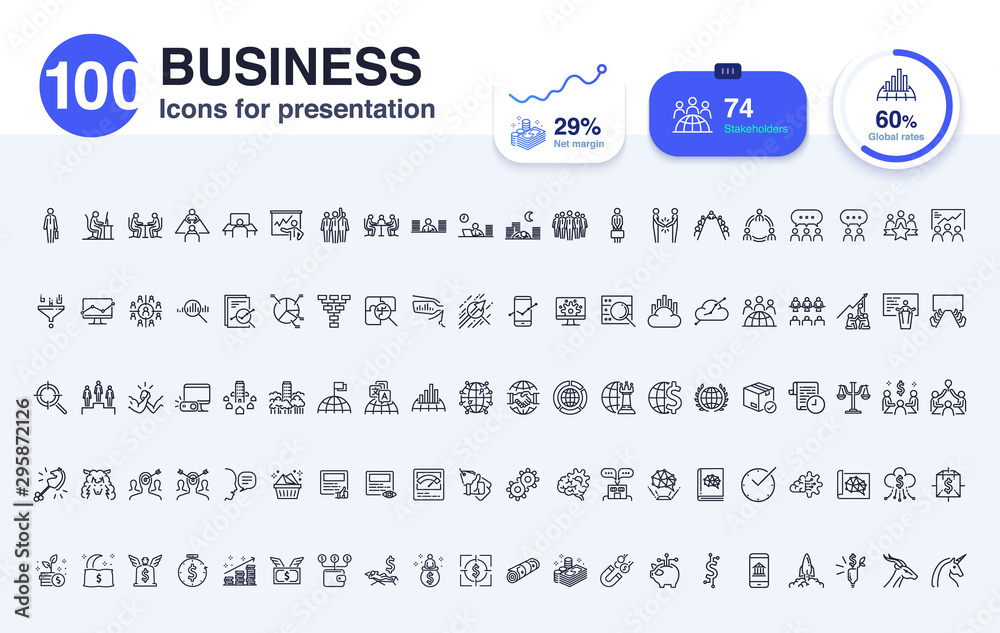 100 Business line icon for presentation. Included icons as Businessman ...