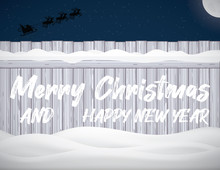 The Inscription Merry Christmas Happy New Year On The Winter Fence With Snowdrift