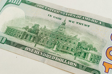 US 100 dollar bill close up, USA federal fed reserve note fragment.