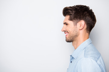 Poster - Profile side photo of charming satisfied positive man enjoy weekends have fun with his friends family wear denim jeans casual style clothes isolated over grey color background