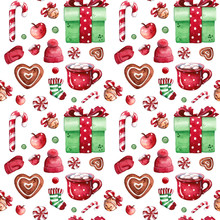 Hand Drawn Watercolor Seamless Pattern Illustration Of Winter Clothes With Gingerbread, Hot Chocolate In Mug, Candy Canes And Gift Box Isolated On White - Christmas, Hygge And Holidays