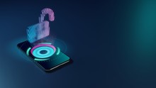 3D Rendering Neon Holographic Phone Symbol Of Lock Open Icon On Dark Background