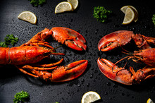 Two Lobsters Decorated On Black Background / Food Photography