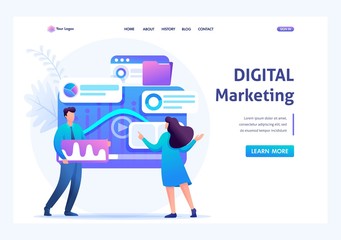 Aufkleber - Young entrepreneurs insist data for digital marketing, advertising on the Internet. Flat 2D character. Landing page concepts and web design