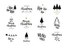 Merry Christmas. Happy New Year, Typography Lettering Badge Emblems Quotes Set Collection. Vector Logo Design For Postcard, Invitation, Greeting Card, Poster, Gift.