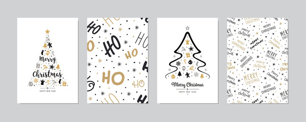 Set of christmas and happy new year greeting cards with lettering calligraphy decorative ornament elements.