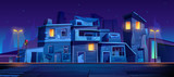 Ghetto street at night, slum ruined abandoned houses, old buildings with glowing windows. Dilapidated dwellings stand on roadside with crosswalk, lamps and traffic lights cartoon vector illustration