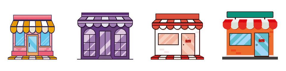 shops and stores icons set in flat design style. fast food, shop book, bar and coffe. vector illustr