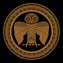 Ancient Greek Shield With The Image Of An Owl And Classical Greek Floral Ornament, Vintage Illustration