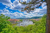 Fototapeta Natura - A view of Prague, Czech Republic and the Vltava River from Letna Gardens on a sunny day.
