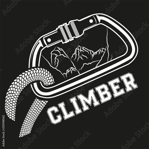 Photographie Climber carabiner with mountines and rope vector illustration