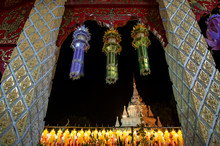The Beautiful Lanterns Decotation Around The Temple Of Wat Prathat Hariphunchai