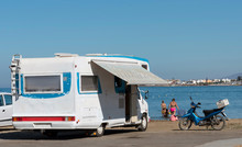 Gouves, Crete, Greece. October 2019. An Old Motorhome On The Beach At Kato Gouves On An Area Which Had Been A US Military Base Near Heraklion, Crete.
