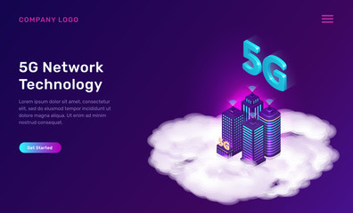 Poster - 5g network technology, isometric concept vector illustration. tall city buildings with 5g symbol wir