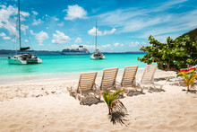 Tropical White Sand Beach With Beach Chairs. Jost Van Dyke, British Virgin Islands.