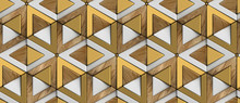 Wallpaper Of 3D Tiles Wood White And Golden Rhombuses And Triangles With Gold Sphere Decor Elements. High Quality Seamless Realistic Texture.