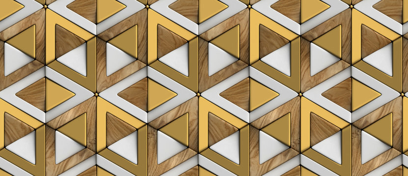 Wall Mural -  - Wallpaper of 3D tiles wood white and golden rhombuses and triangles with gold sphere decor elements. High quality seamless realistic texture.