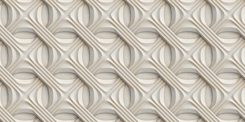 Wall Mural - Wallpaper of white 3D relief tiles wicker form with golden scuffs. High quality seamless realistic texture.